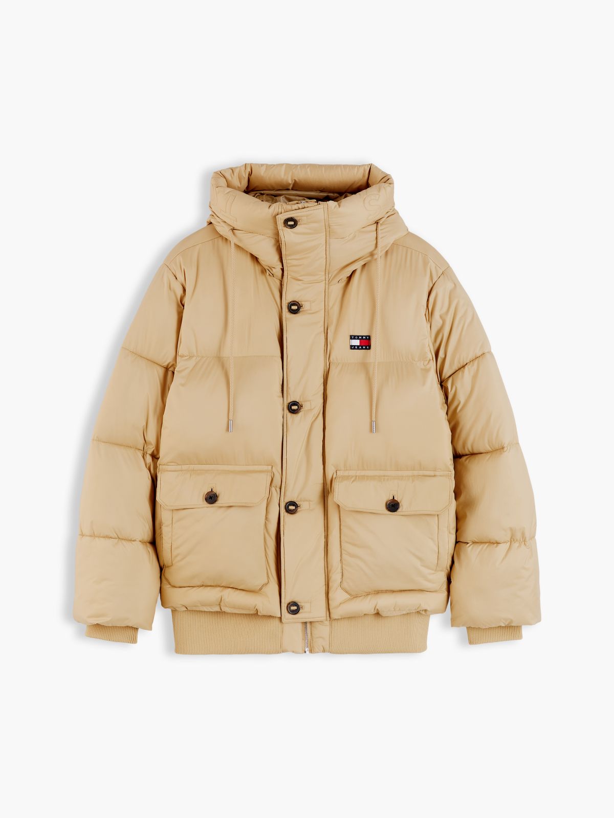 Logo Hooded Relaxed Puffer Jacket — Beige