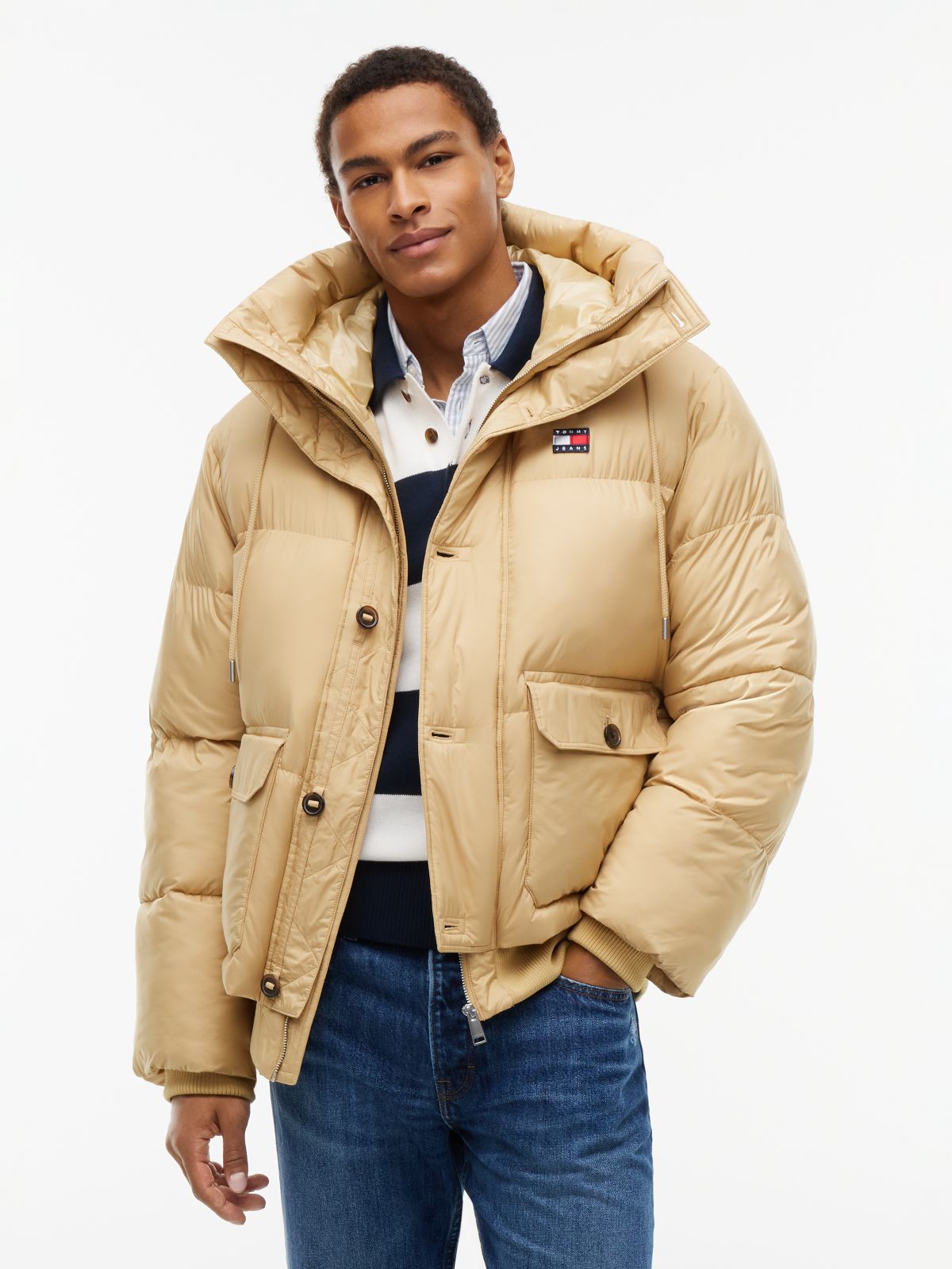 Logo Hooded Relaxed Puffer Jacket — Beige
