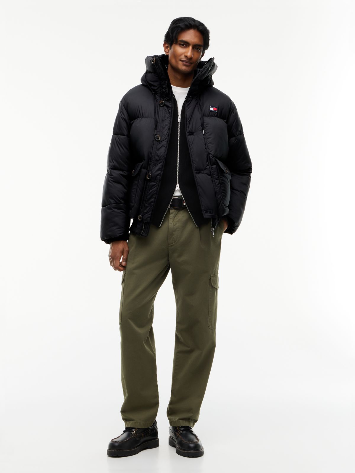 Logo Hooded Relaxed Puffer Jacket — Black