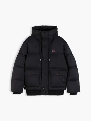 black logo hooded relaxed puffer jacket for men tommy jeans