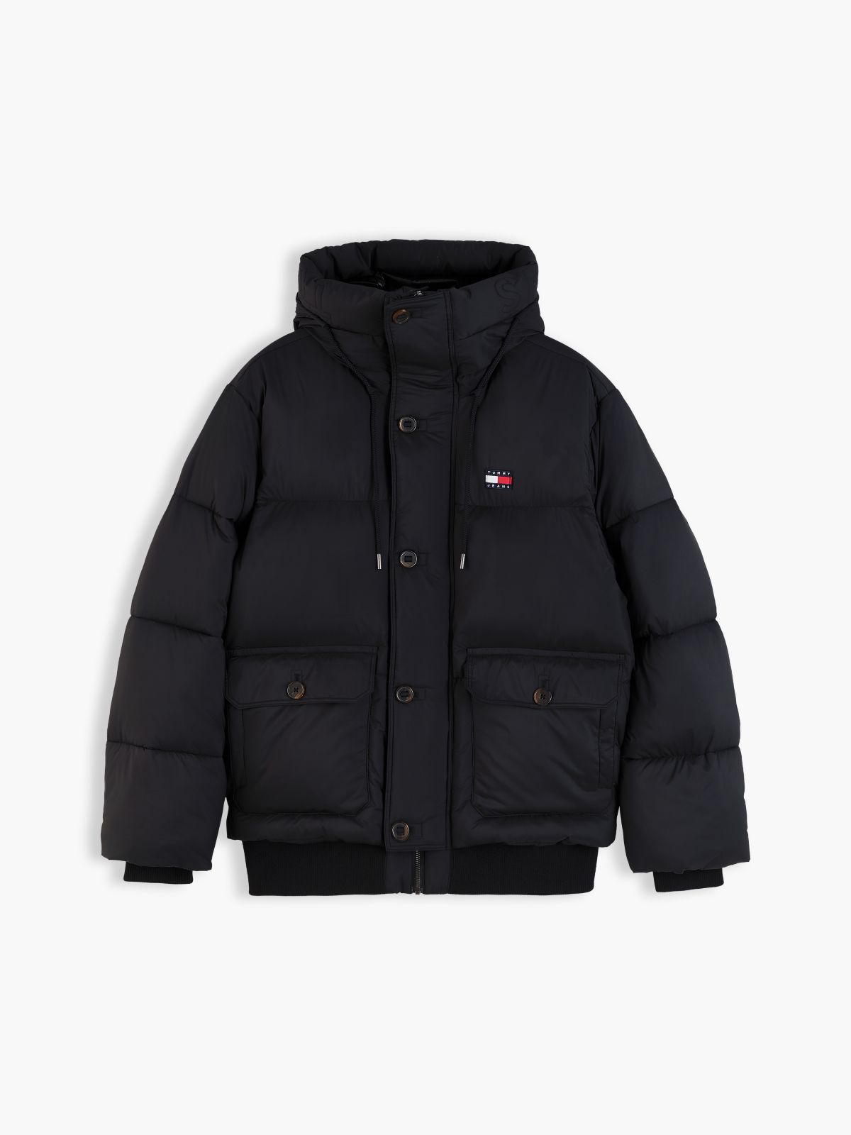 Logo Hooded Relaxed Puffer Jacket — Black