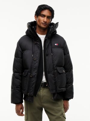 black logo hooded relaxed puffer jacket for men tommy jeans