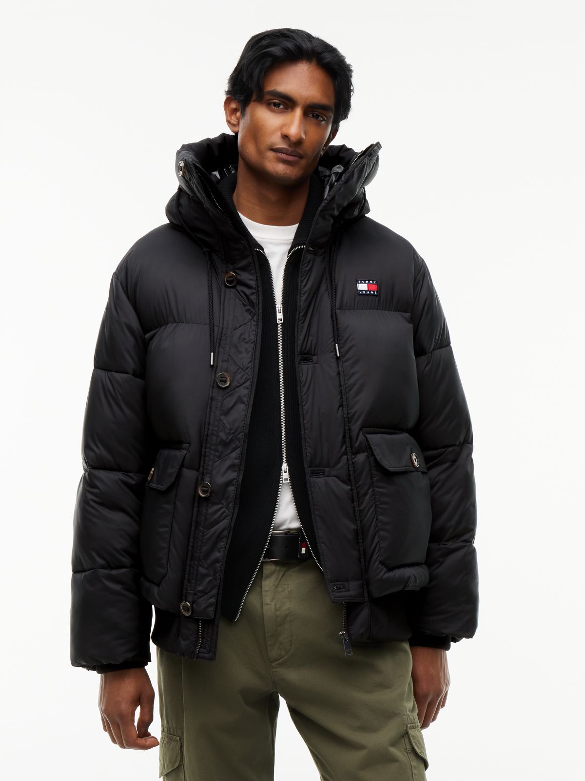Logo Hooded Relaxed Puffer Jacket — Black