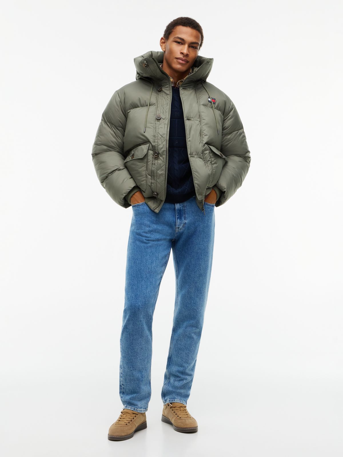 Logo Hooded Relaxed Puffer Jacket — Green