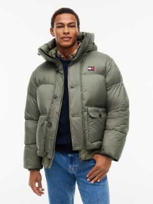 green relaxed fit puffer-jacke mit logo und kapuze für herren - tommy jeans