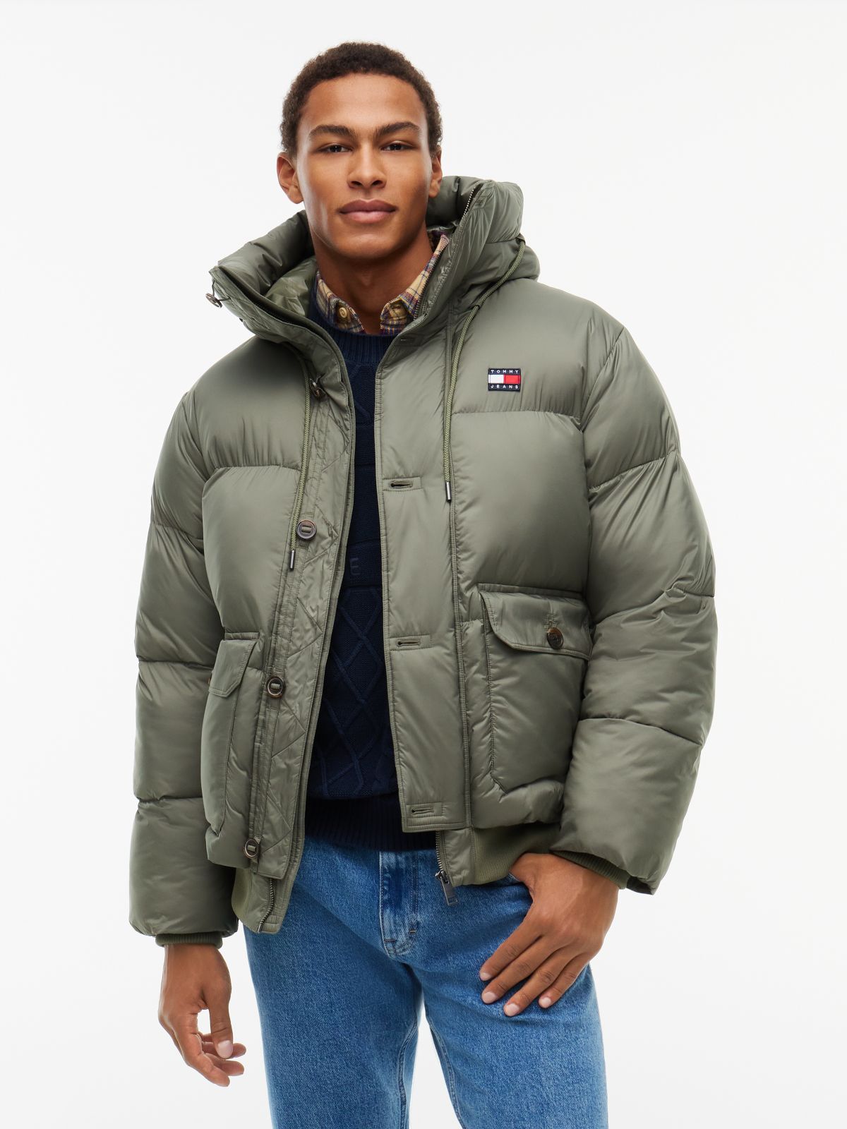 Logo Hooded Relaxed Puffer Jacket — Green