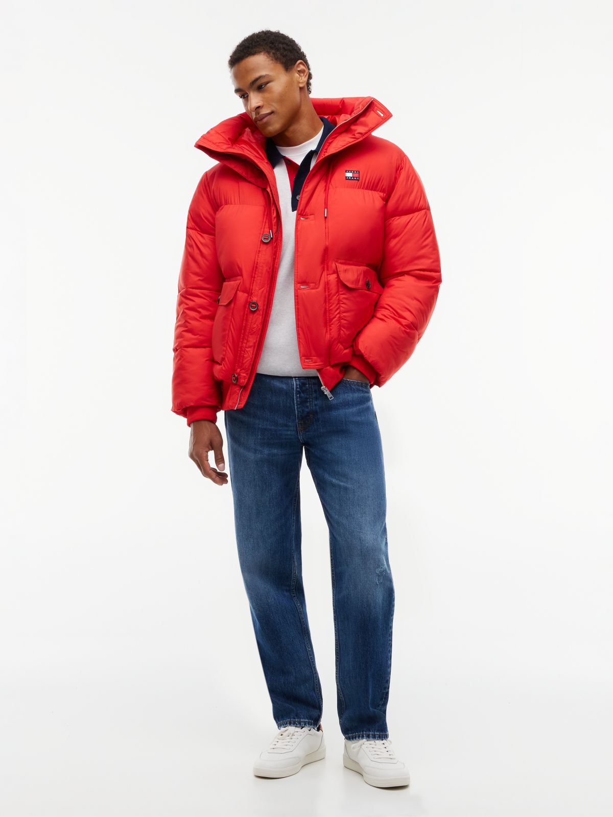 Logo Hooded Relaxed Puffer Jacket — Red