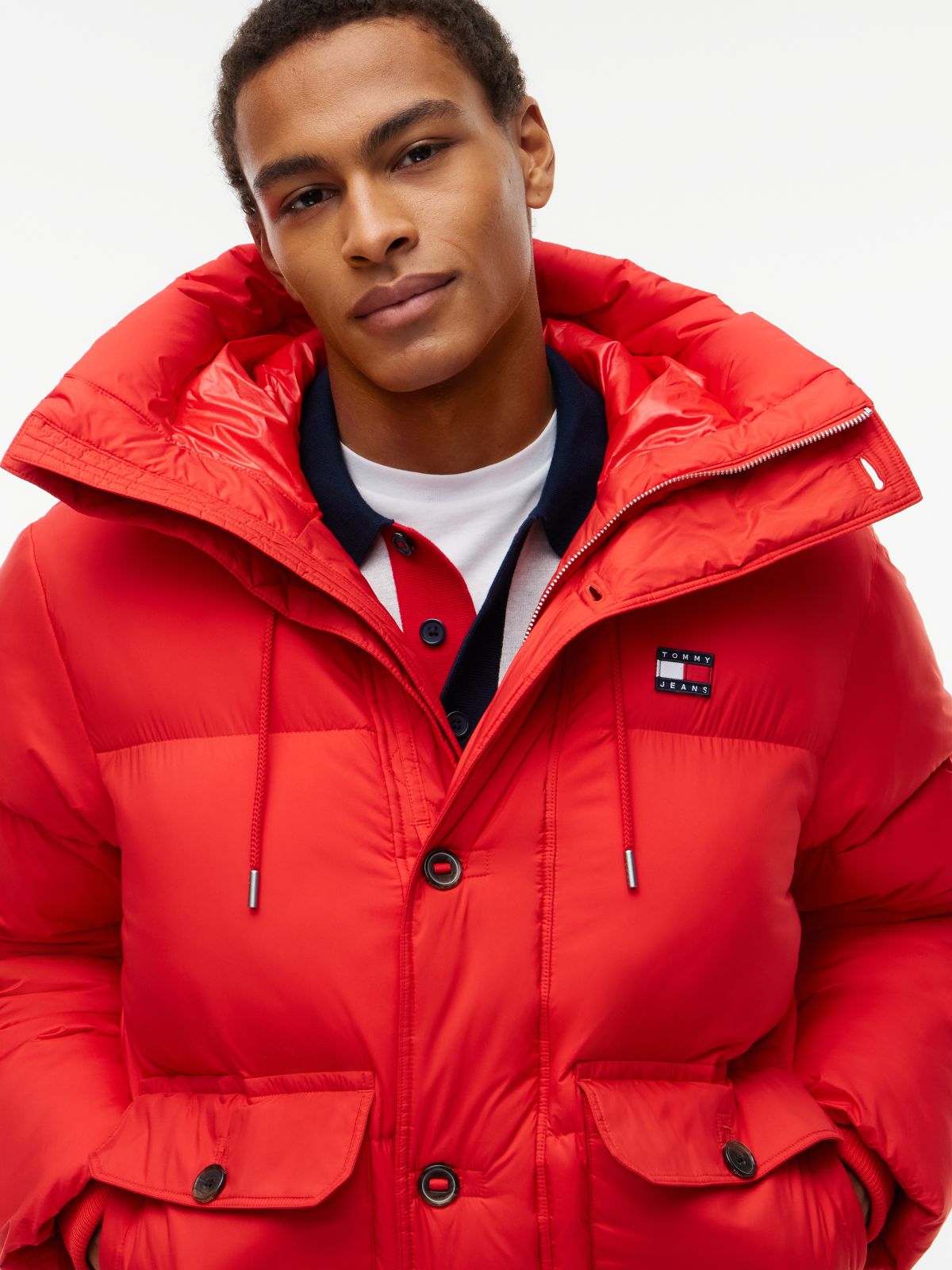 Logo Hooded Relaxed Puffer Jacket — Red
