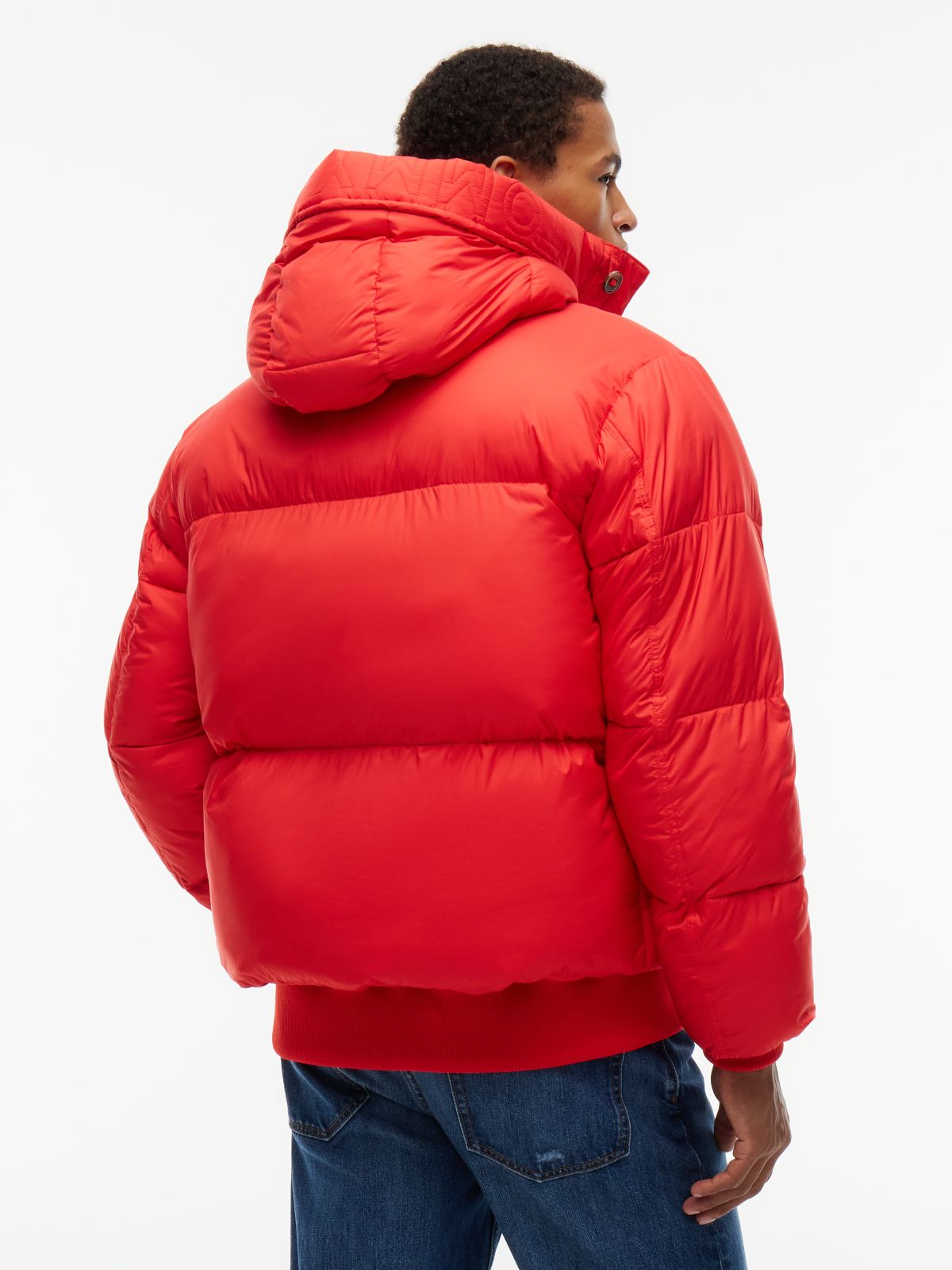 Logo Hooded Relaxed Puffer Jacket — Red