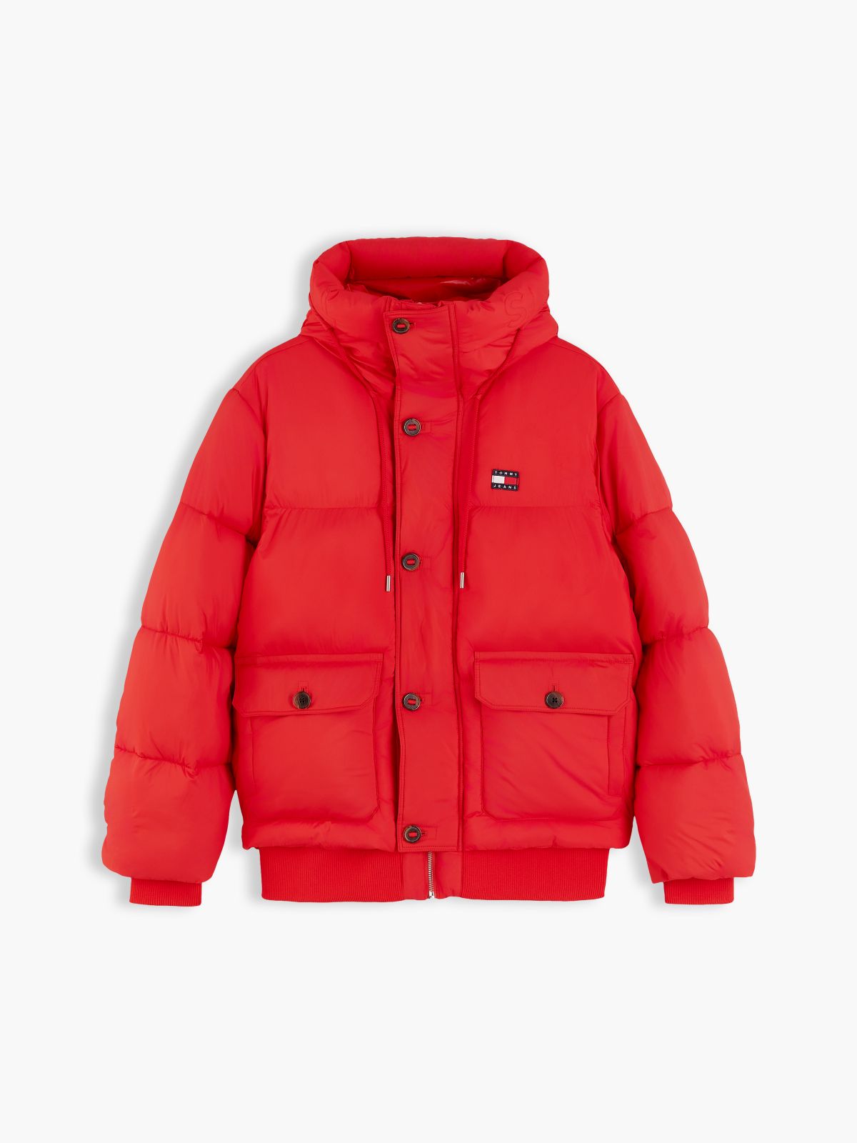 Logo Hooded Relaxed Puffer Jacket — Red