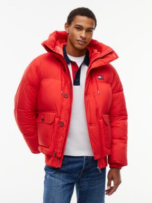 red logo hooded relaxed puffer jacket for men tommy jeans