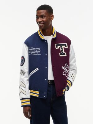 blue wool blend letterman varsity jacket for men tommy jeans