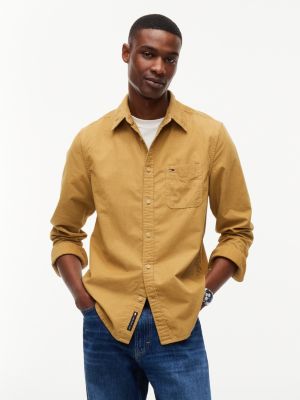 beige regular fit button-down corduroy shirt for men tommy jeans