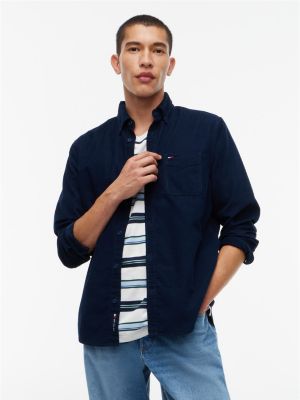 blue regular fit button-down corduroy shirt for men tommy jeans