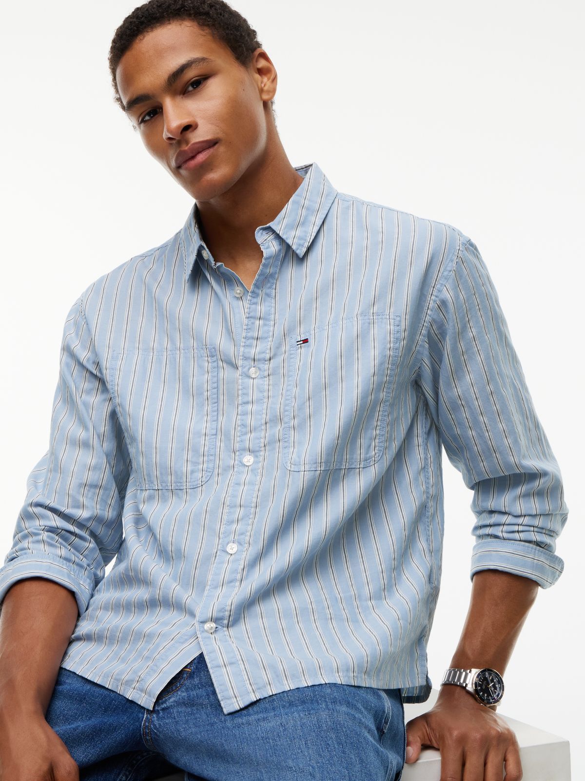 Boxy Fit Stripe Dobby Shirt — Blue