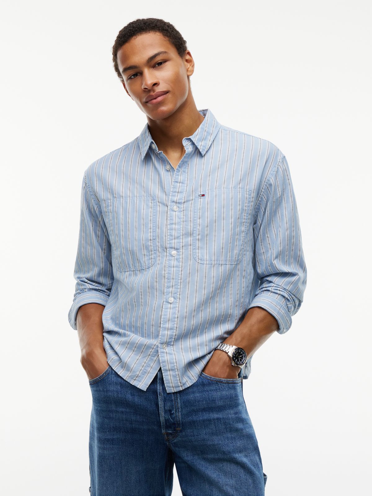 Boxy Fit Stripe Dobby Shirt — Blue