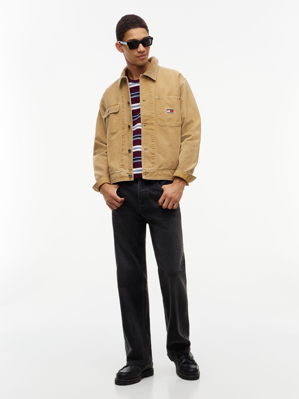 Corduroy Collar Oversized Canvas Overshirt — Beige