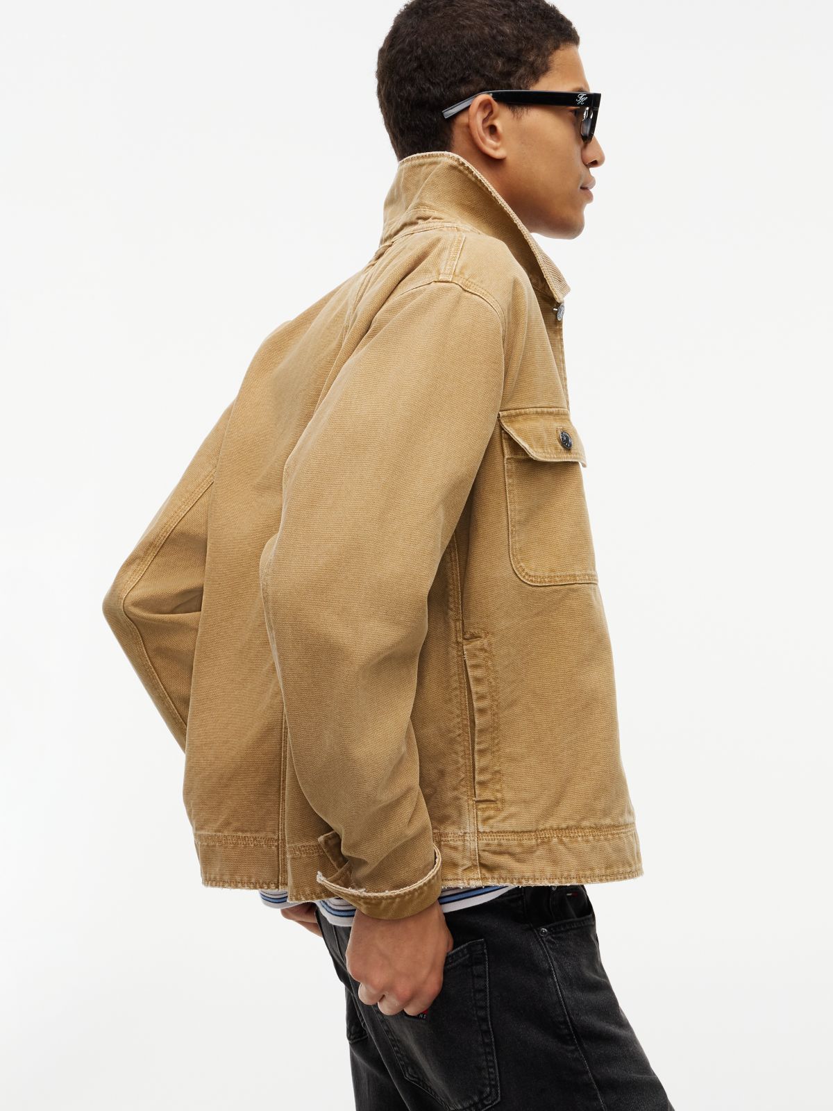 Corduroy Collar Oversized Canvas Overshirt — Beige