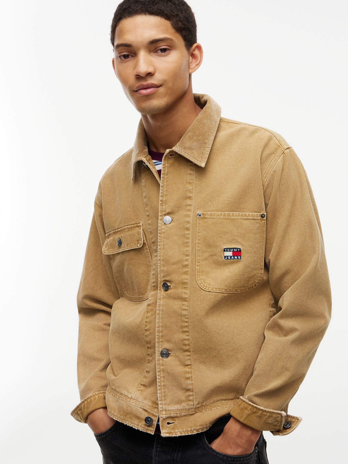 Corduroy Collar Oversized Canvas Overshirt — Beige