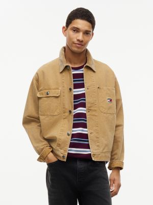 beige oversized fit canvas-overshirt mit cord-kragen für herren - tommy jeans