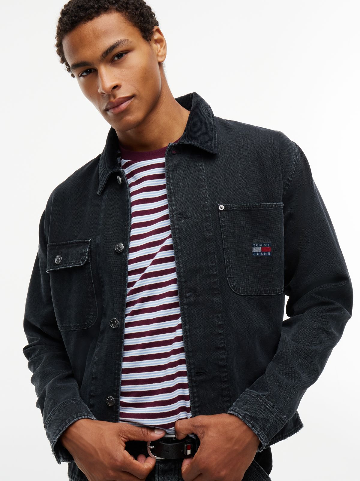 Corduroy Collar Oversized Canvas Overshirt — Black