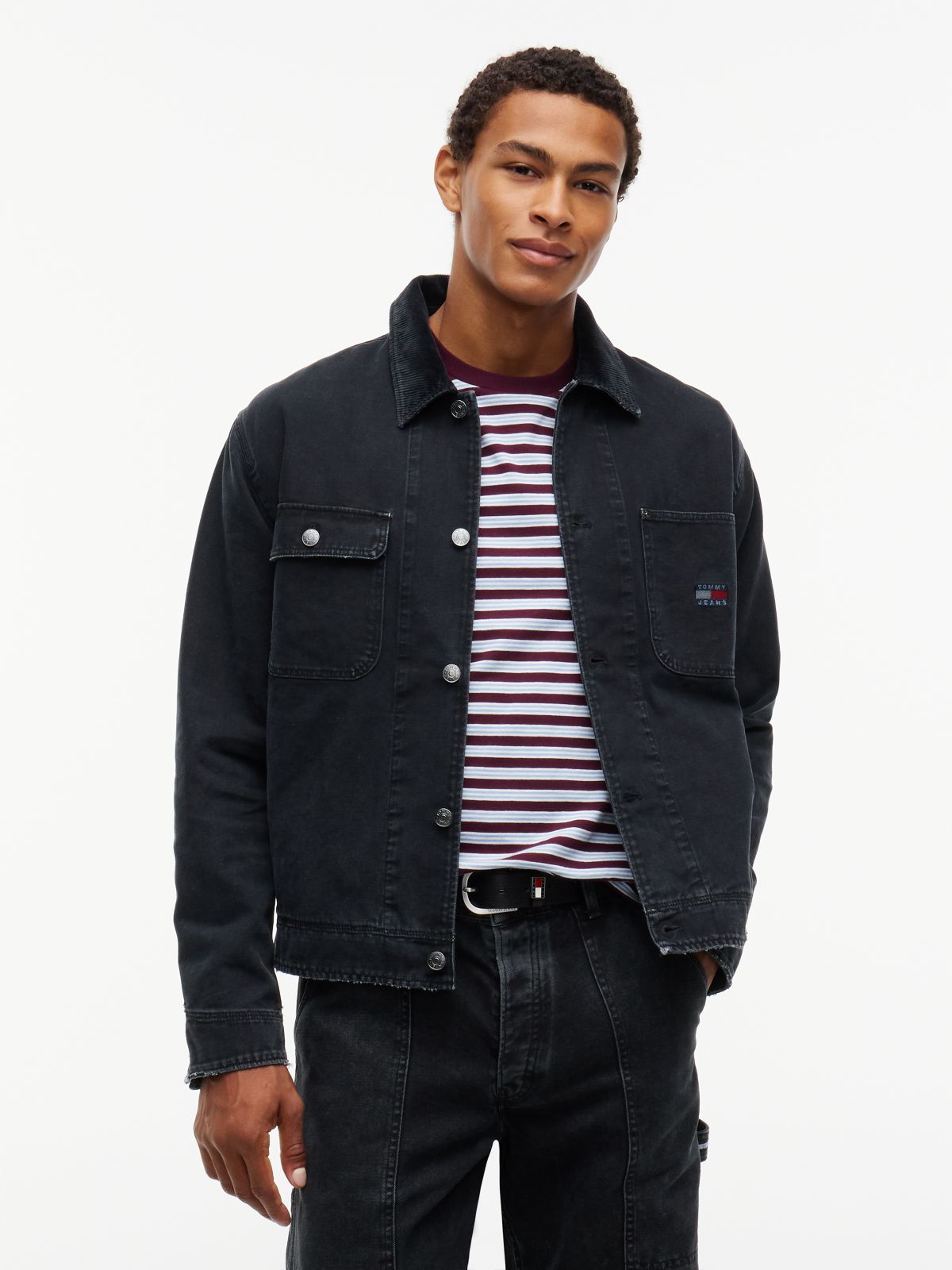 Corduroy Collar Oversized Canvas Overshirt — Black