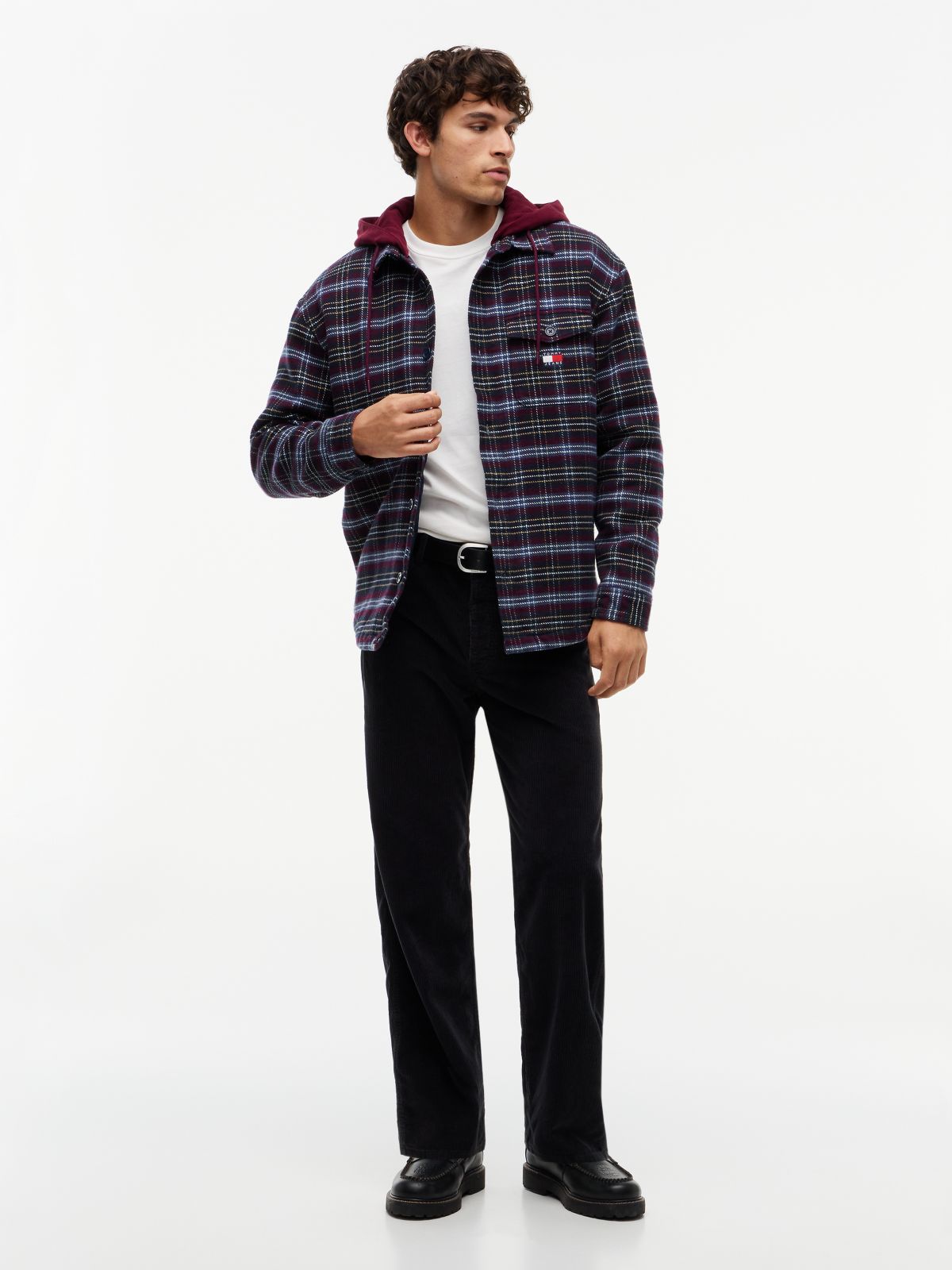 Dobby Oversized Drawstring Hooded Overshirt — Red