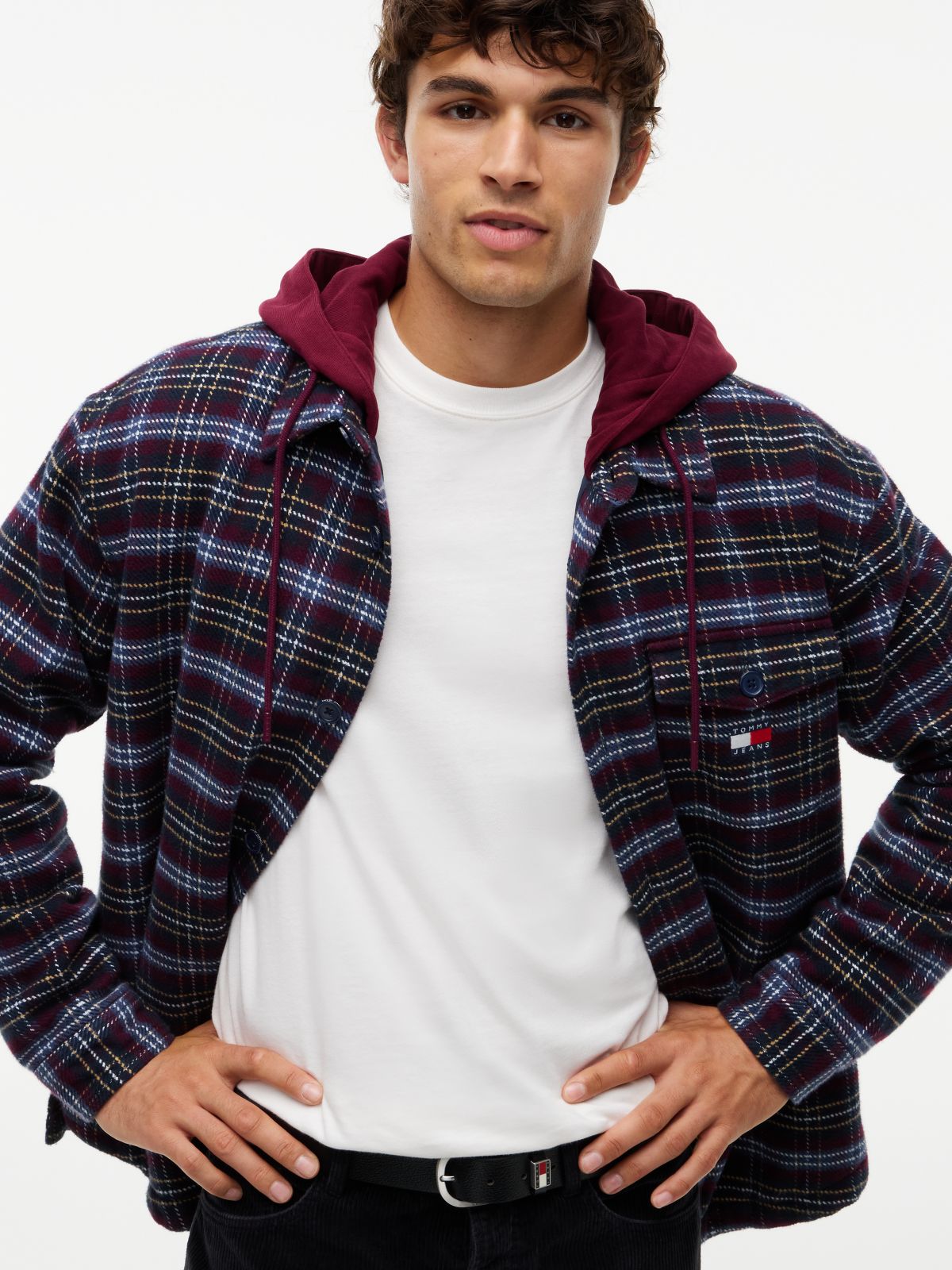 Dobby Oversized Drawstring Hooded Overshirt — Red