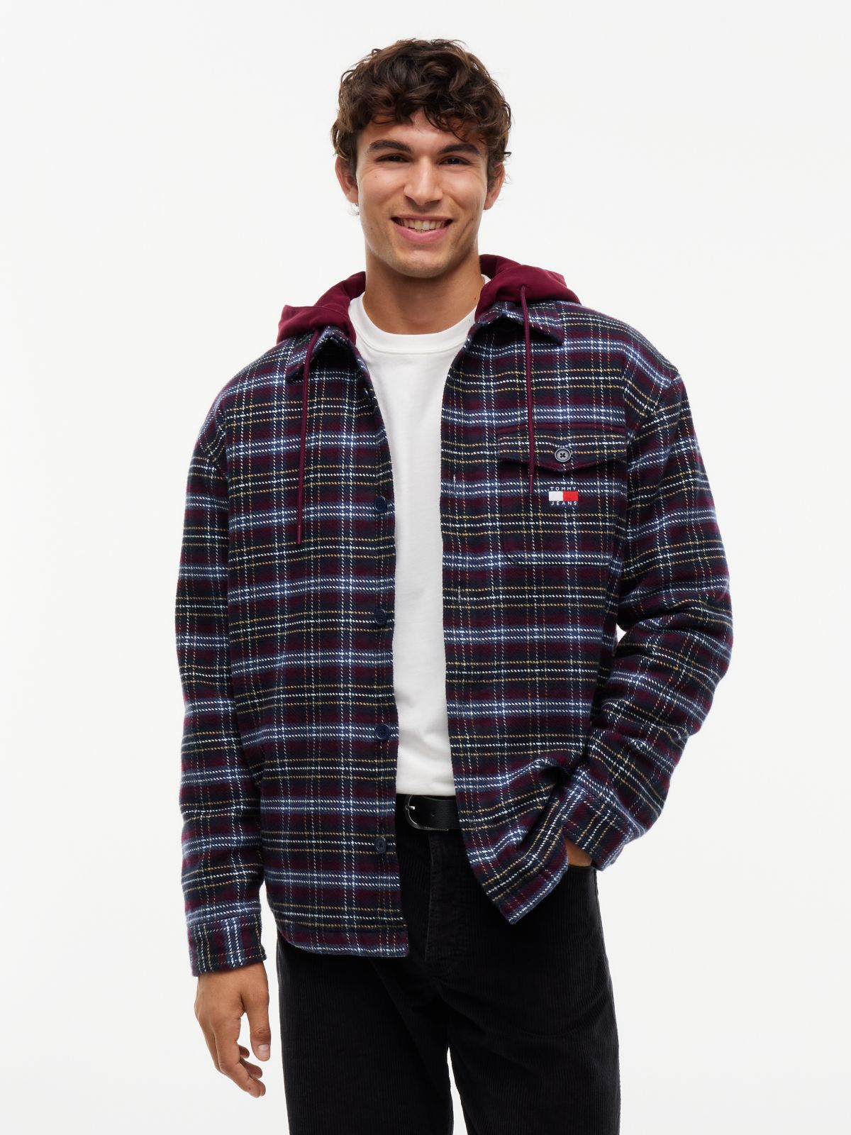 Dobby Oversized Drawstring Hooded Overshirt — Red