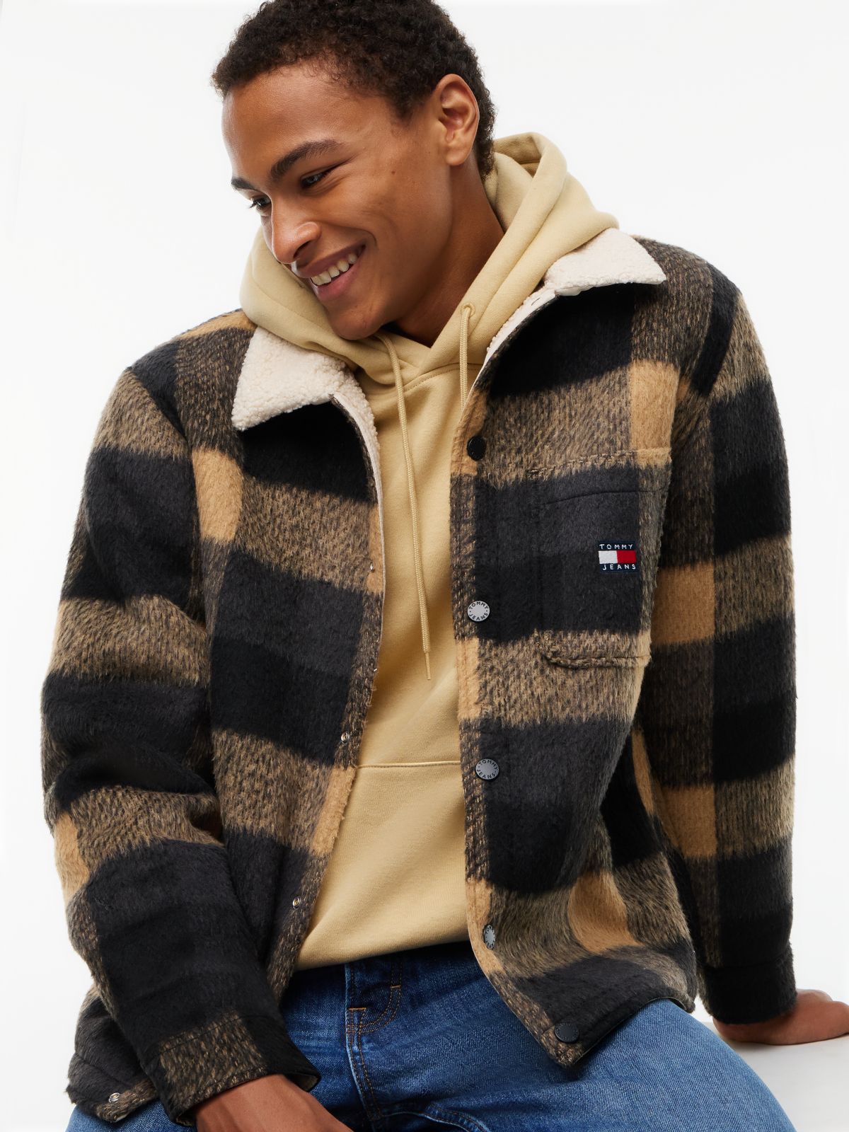 Brushed Flannel Teddy Collar Oversized Shacket — Black