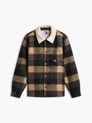 black oversized shirtjack van geborsteld flanel met teddy voering voor heren - tommy jeans