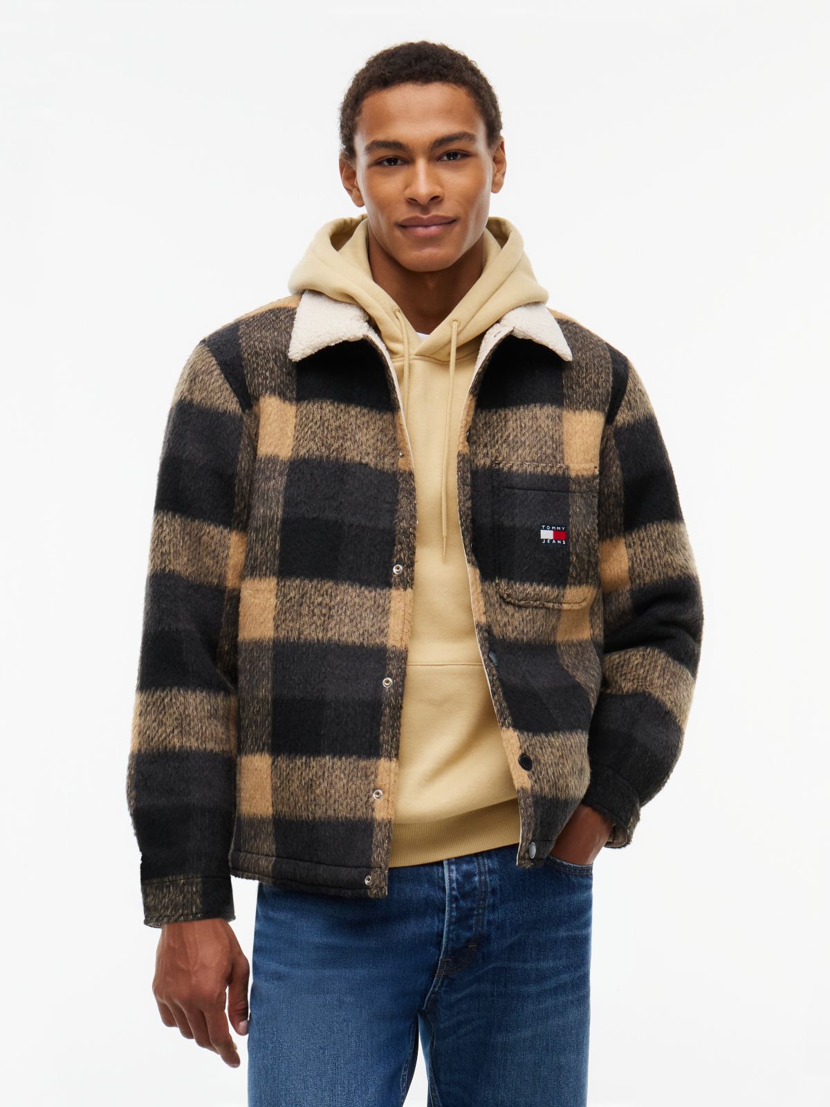 Brushed Flannel Teddy Collar Oversized Shacket — Black