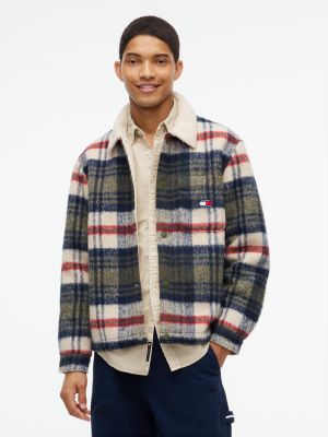 green oversized shirtjack van geborsteld flanel met teddy kraag voor heren - tommy jeans