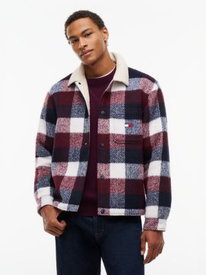 blue teddy lined brushed flannel oversized shacket for men tommy jeans