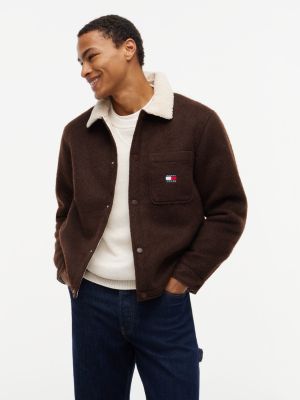 brown oversized shirtjack van geborsteld flanel met teddy kraag voor heren - tommy jeans