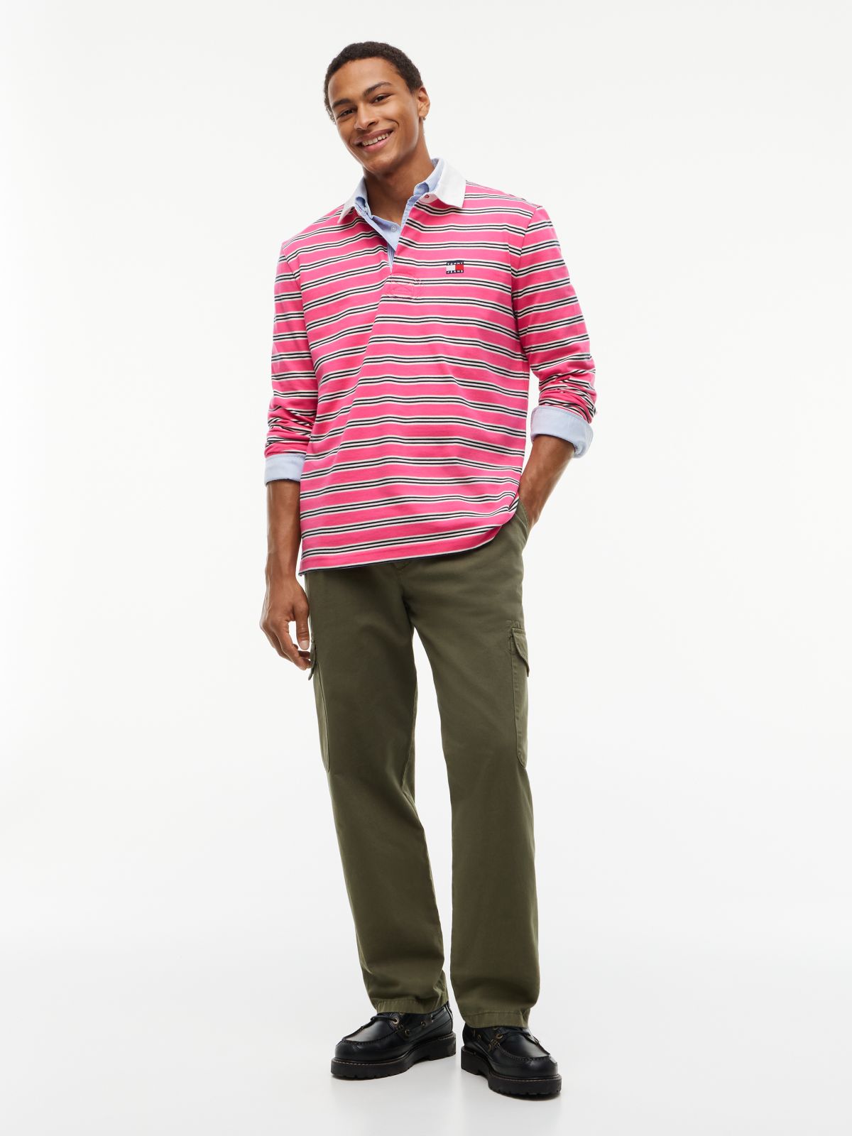 Tommy Badge Stripe Relaxed Rugby Shirt — Pink