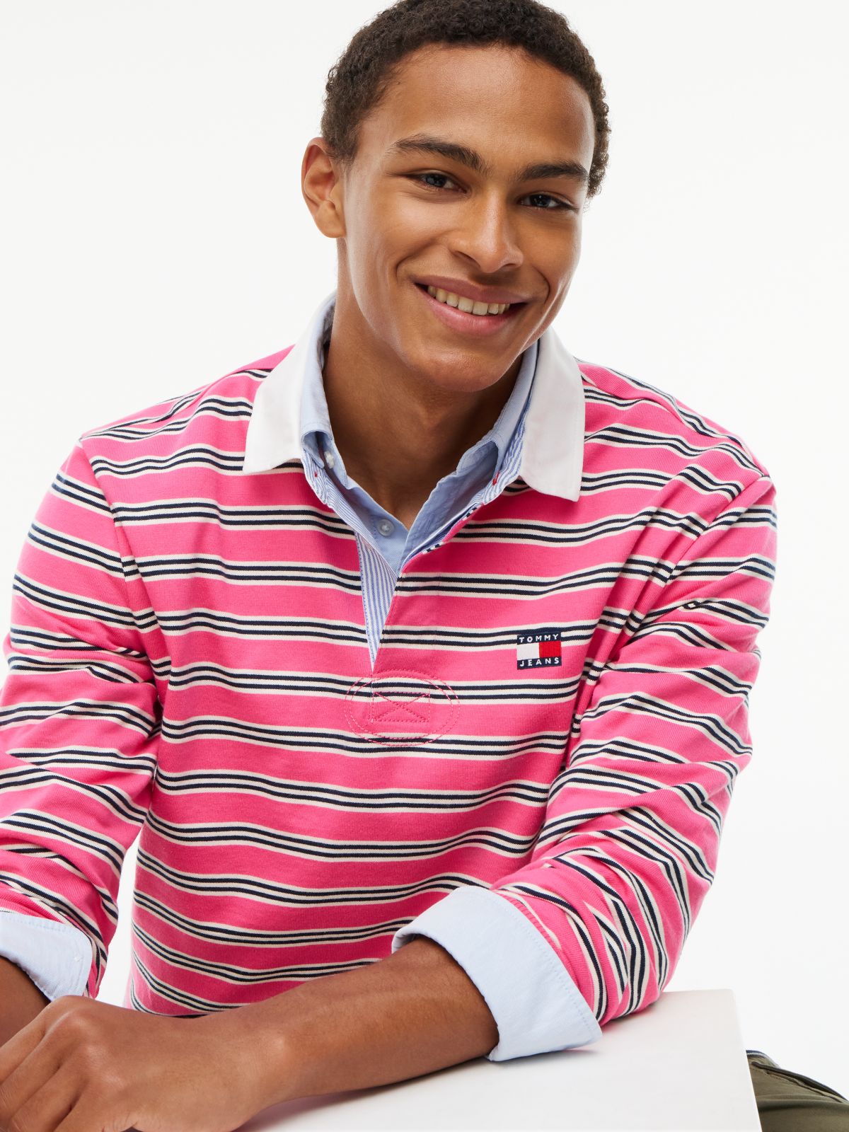 Tommy Badge Stripe Relaxed Rugby Shirt — Pink