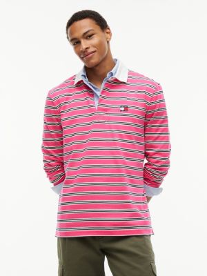 pink tommy badge stripe relaxed rugby shirt for men tommy jeans