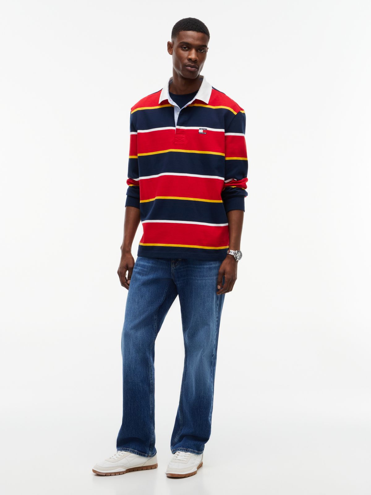 Tommy Badge Stripe Relaxed Rugby Shirt — Red