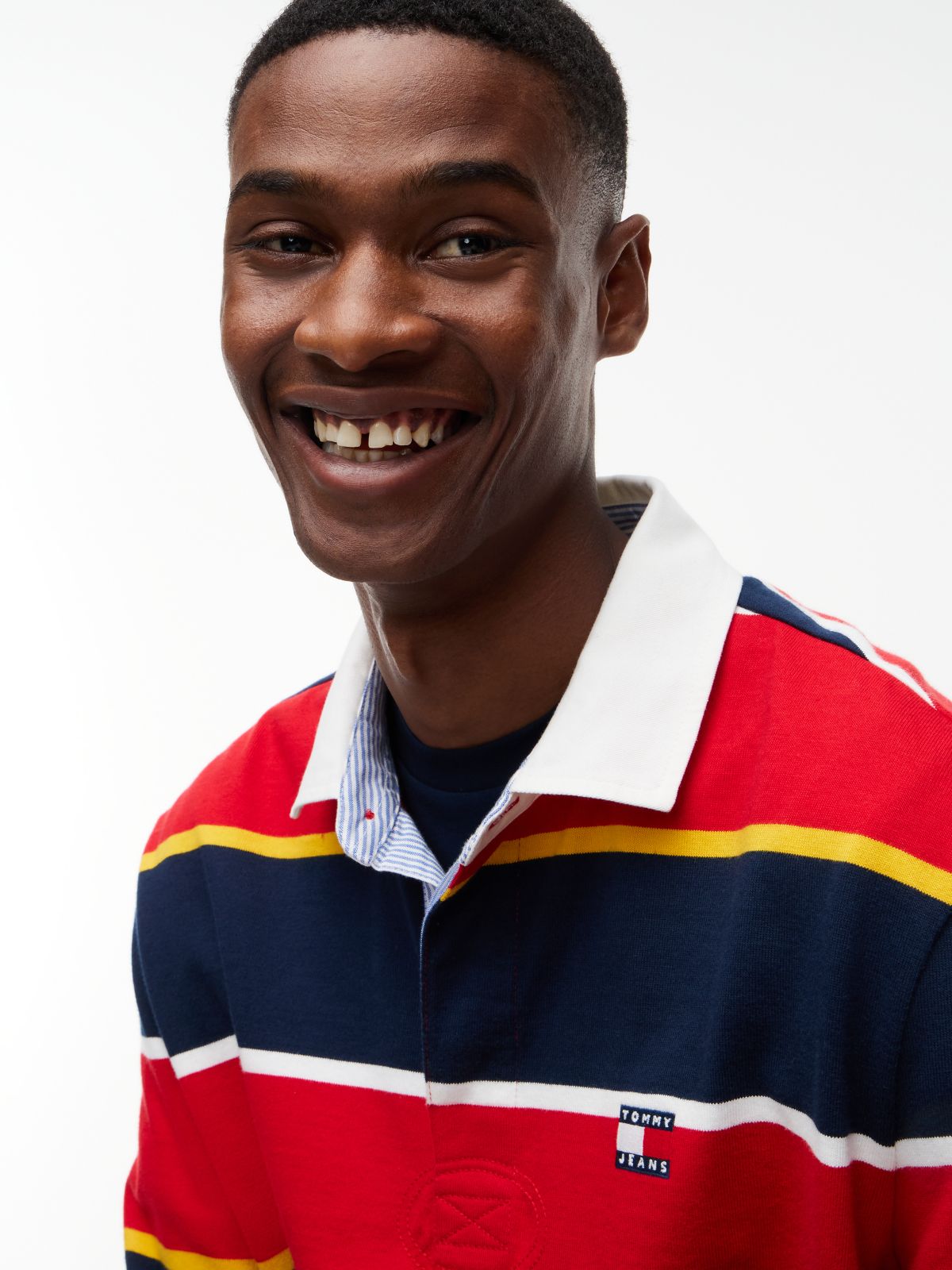 Tommy Badge Stripe Relaxed Rugby Shirt — Red