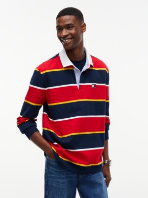 red tommy badge stripe relaxed rugby shirt for men tommy jeans