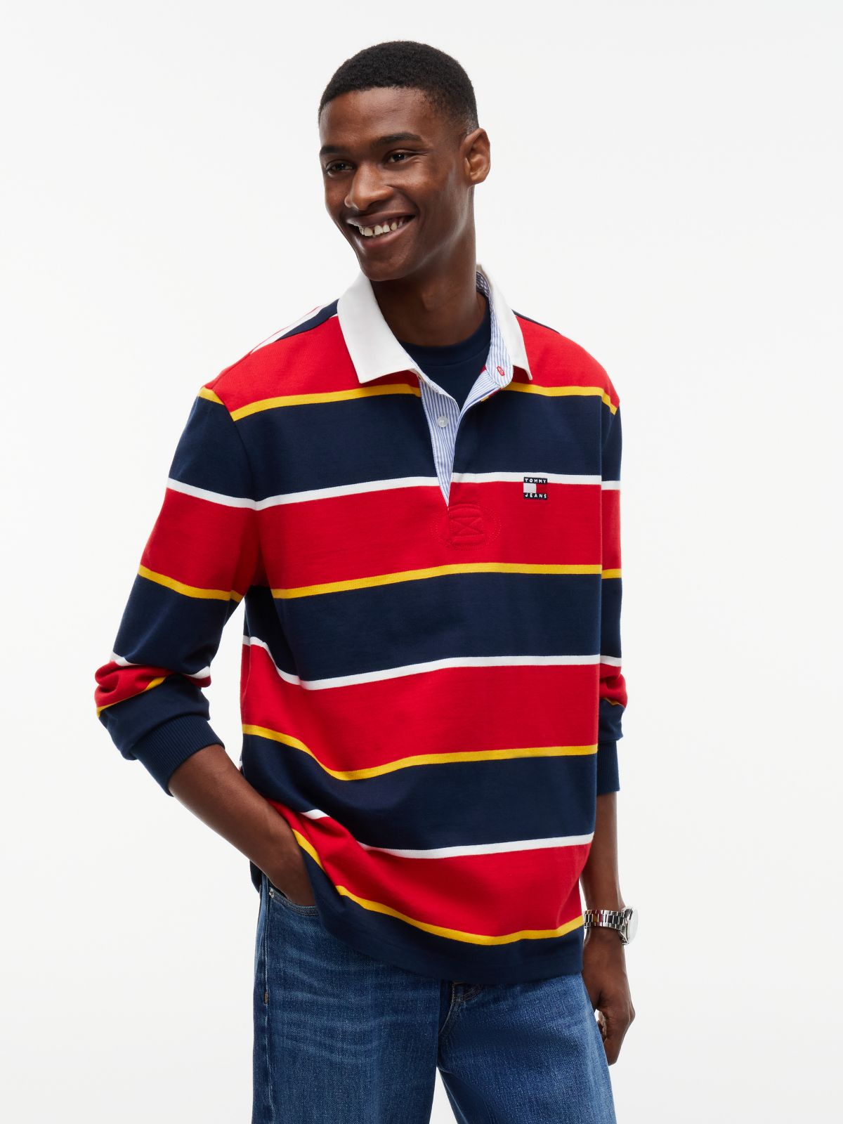 Tommy Badge Stripe Relaxed Rugby Shirt — Red