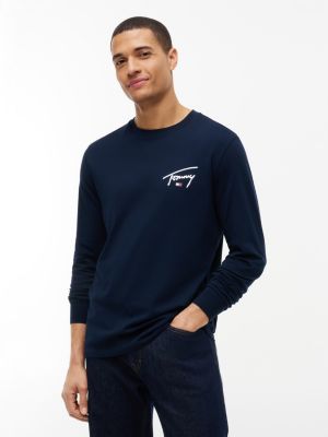 blue signature logo slim long sleeve t-shirt for men tommy jeans