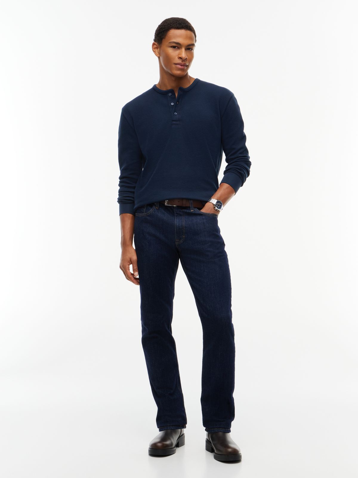 Washed Waffle Knit Henley Long Sleeve T-Shirt — Blue
