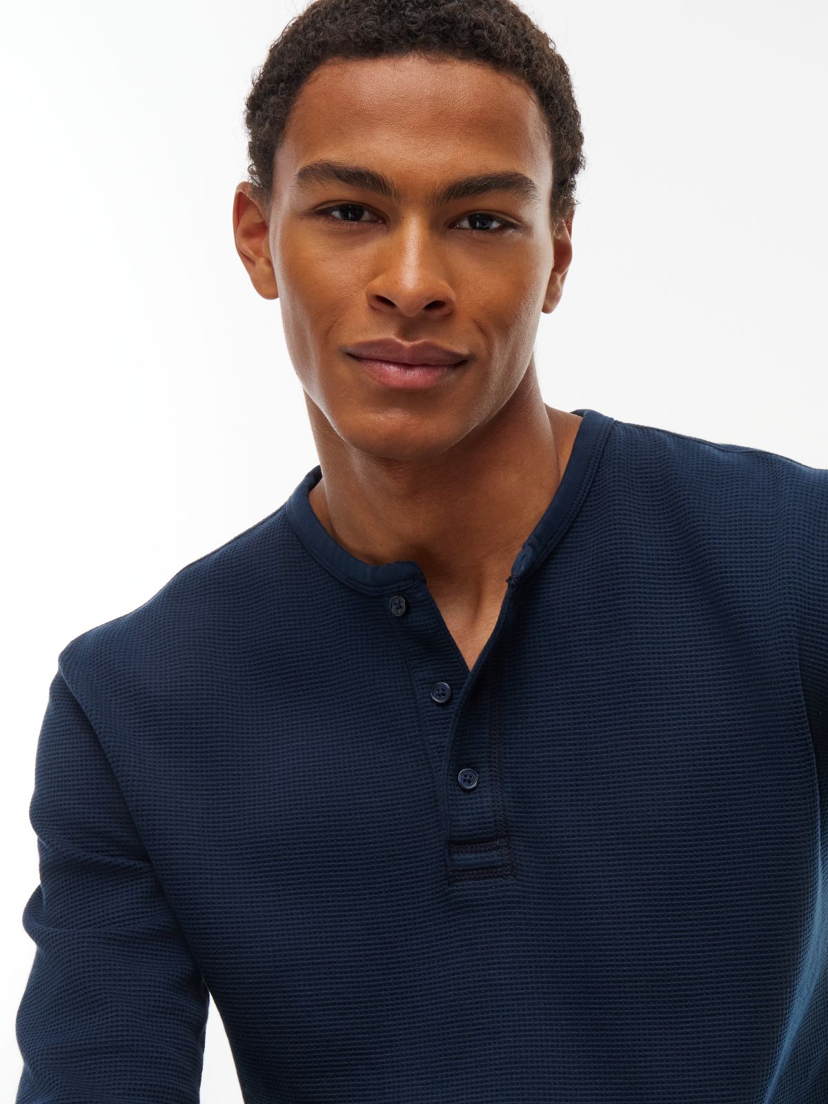 Washed Waffle Knit Henley Long Sleeve T-Shirt — Blue