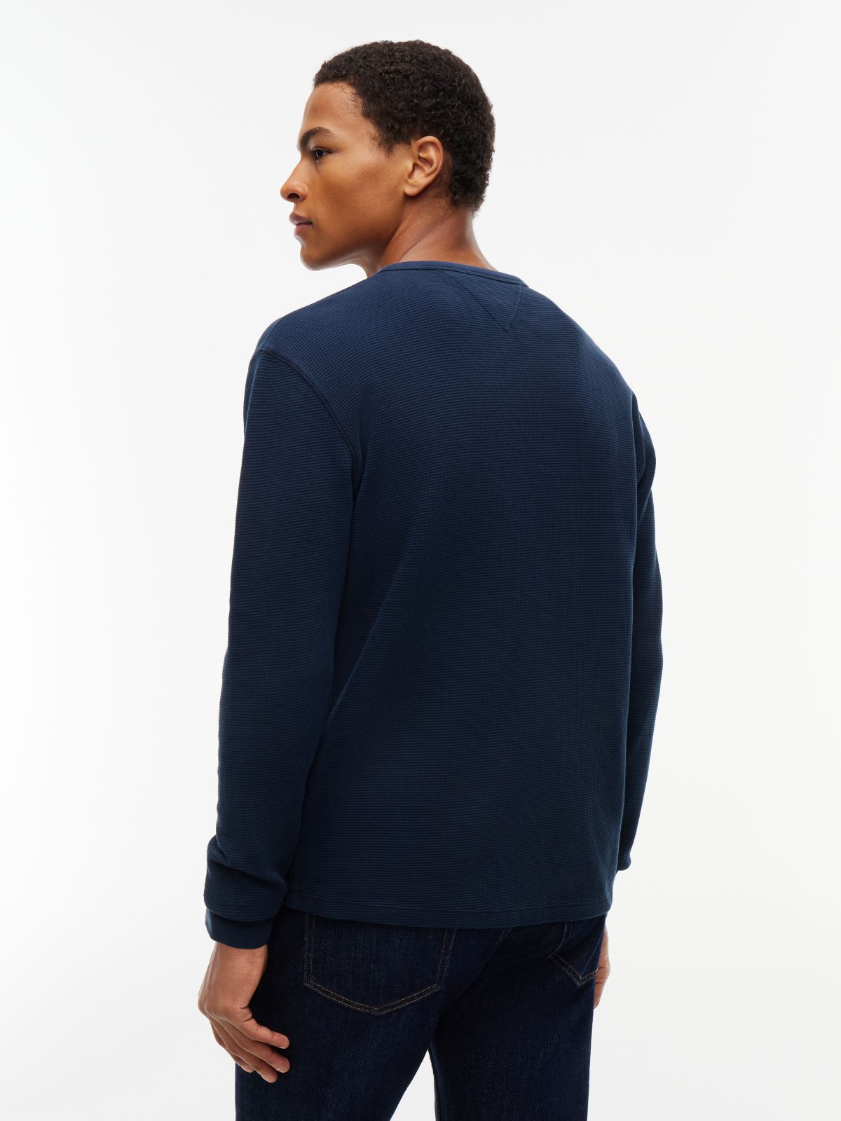 Washed Waffle Knit Henley Long Sleeve T-Shirt — Blue