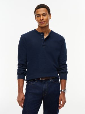 blue washed waffle knit henley long sleeve t-shirt for men tommy jeans