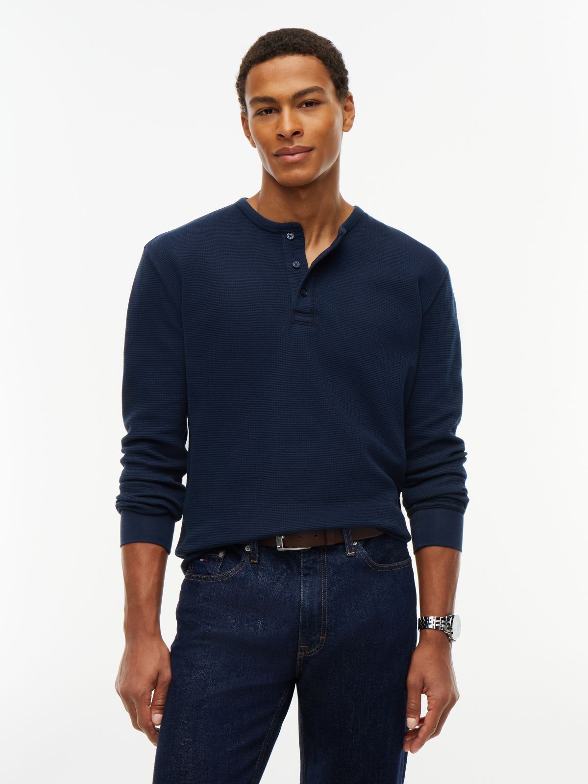 Washed Waffle Knit Henley Long Sleeve T-Shirt — Blue