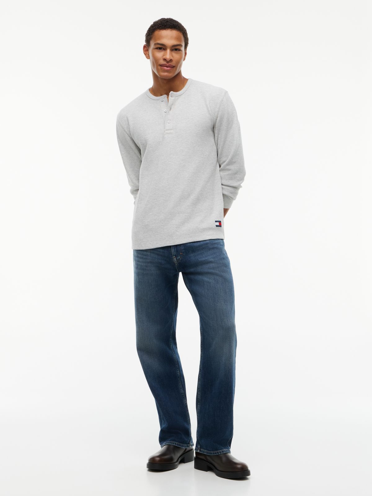 Washed Waffle Knit Henley Long Sleeve T-Shirt — Grey