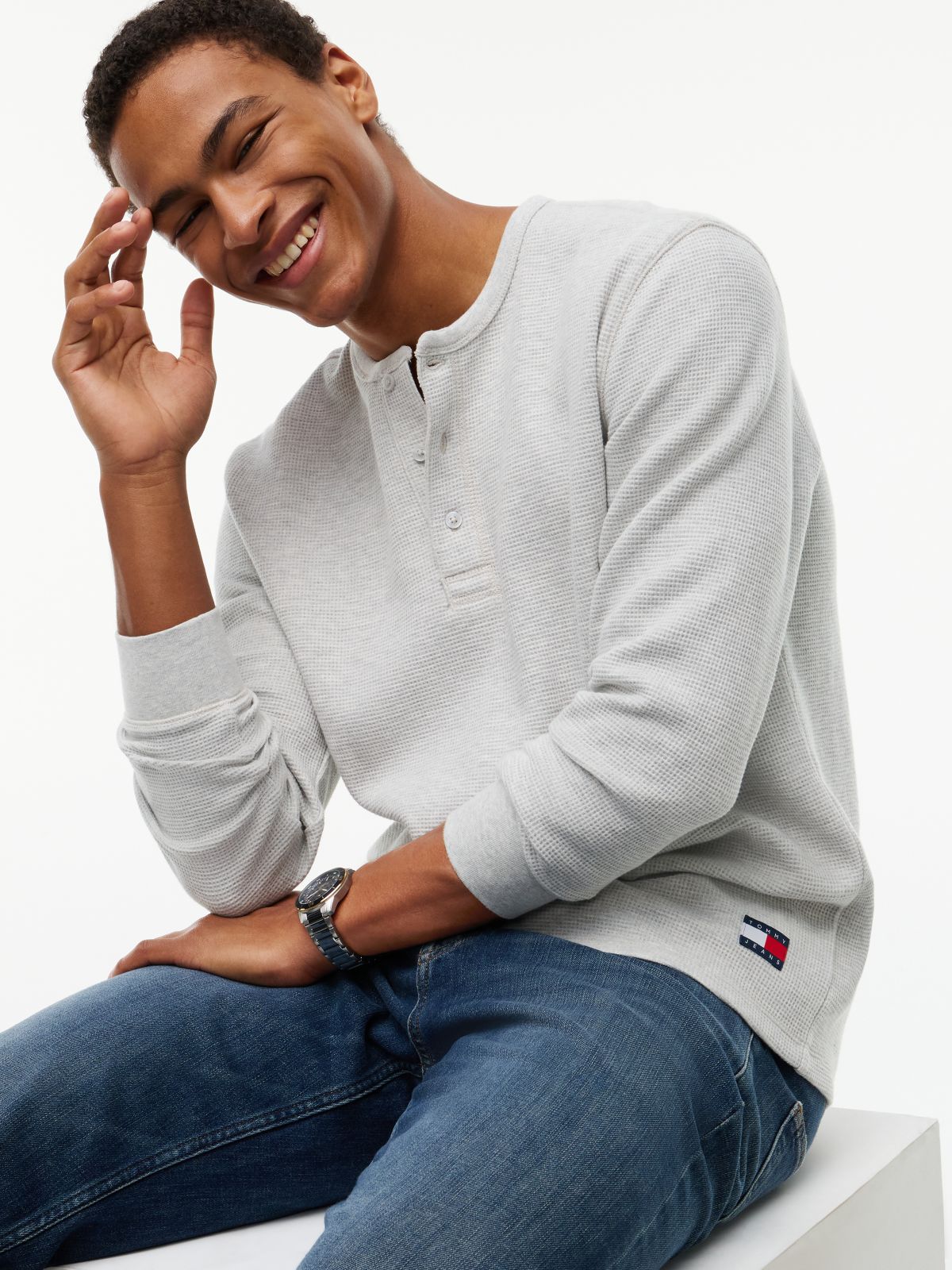 Washed Waffle Knit Henley Long Sleeve T-Shirt — Grey